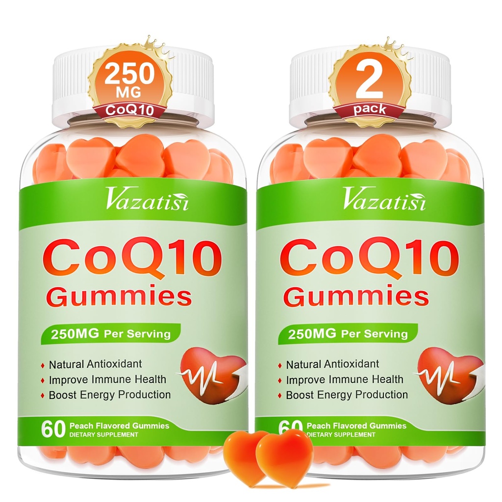 2 Pack CoQ10 Gummys 250 mg, Plus Omega-3, 镁,维生素B12,用于细胞能,脑和抗氧化剂,5X更好的吸收Coenzyme Q10 补充 - 120 Cts