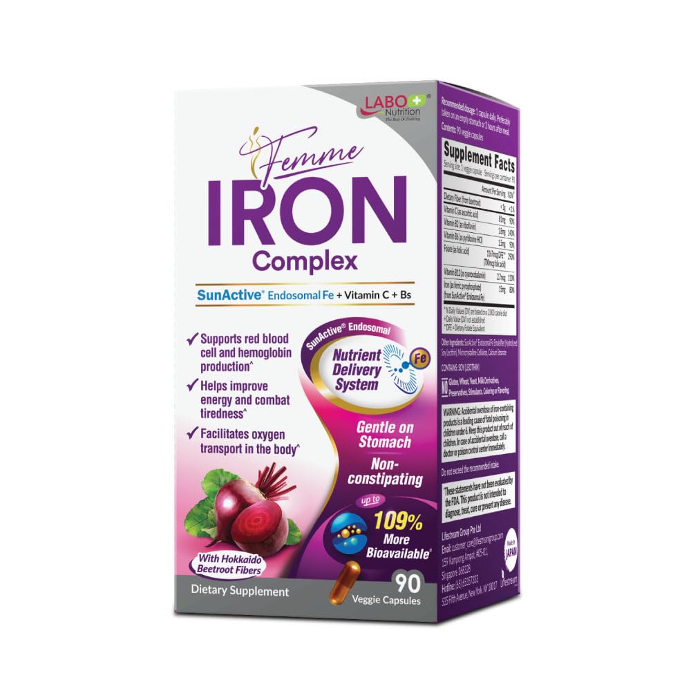 LABO 营养 Femme Iron Endosomal SunActive,无刺激性15mg 建血器的铁补品 Vegan, Gentle, No Metallic Aftertaste, 非便秘,敏感胃的理想,90 Counter