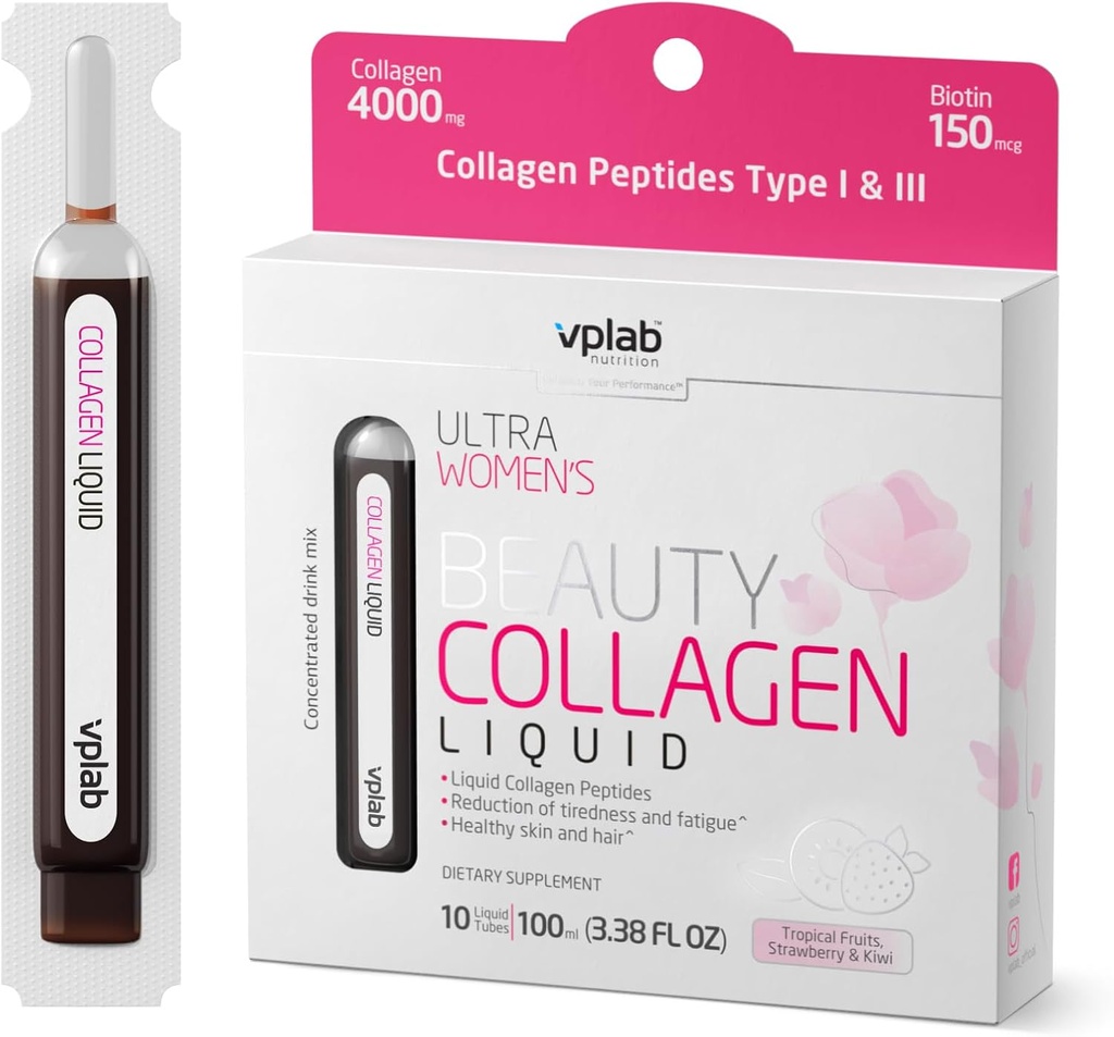 VPLab Ultra女子美容液体凝胶 - 含有Peptides I型和III型的多维生素复合体,用于皮肤、毛发和钉子 - 用于装有维生素B组的妇女的饮料混合体,10