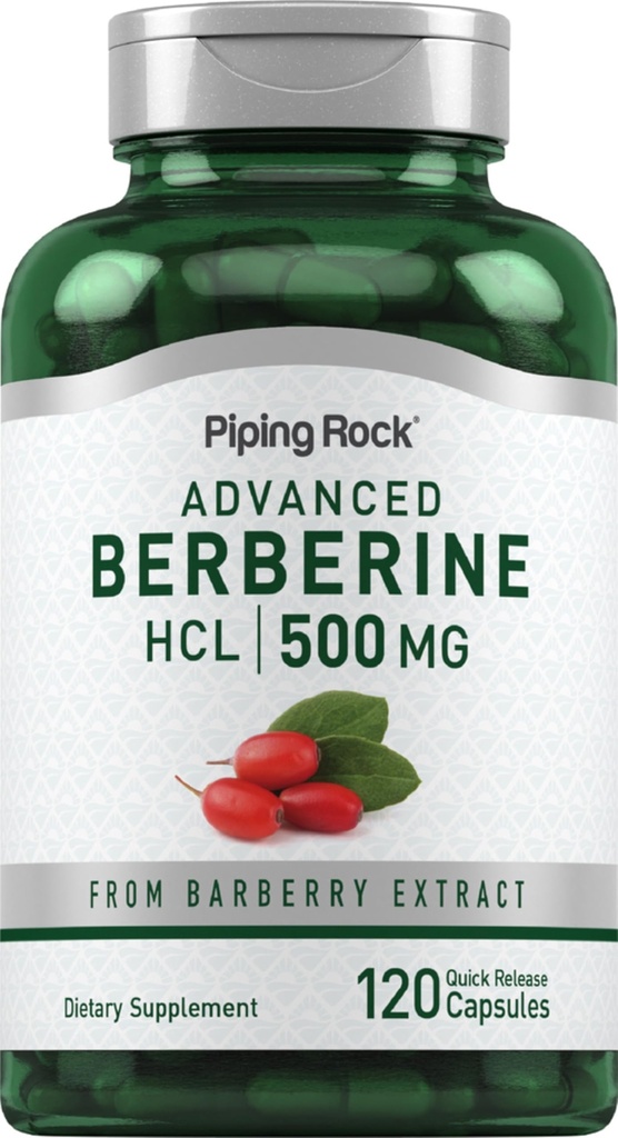 Pipping Rock Berberine HCL 补编 | 500mg | 120 Capsules | Barberry 提取 | 非GMO, Gluten Free