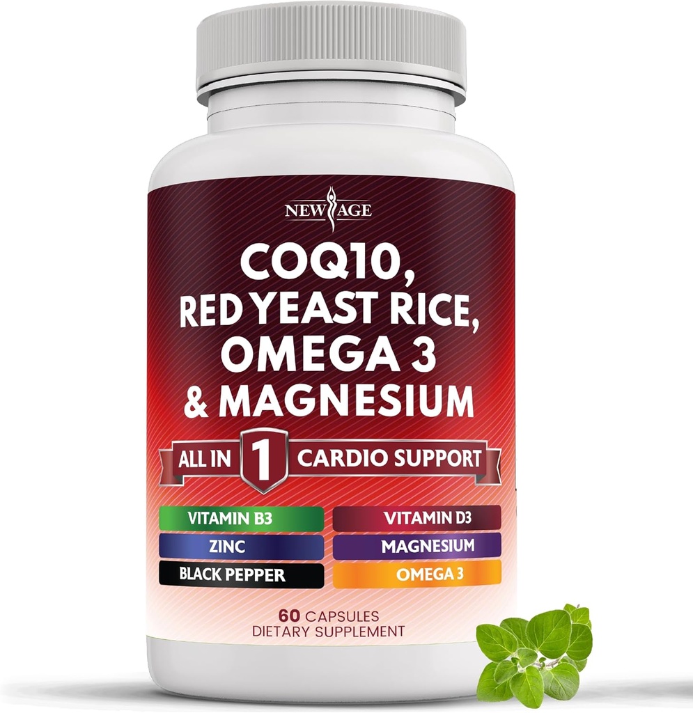 新AGE COQ10 200mg 红酵母大米,Omega 3,Magnesium Complex,锌维生素K2 D3 - 用维生素B3支持女性和男性的维生素,Coenzyme Q10-60 Count