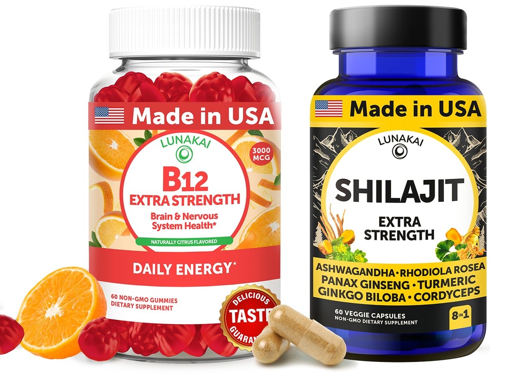 Lunakai USA 制作 B12 Gummys & Shilajit Capsules Bundle – 超强每日能源与健康支持