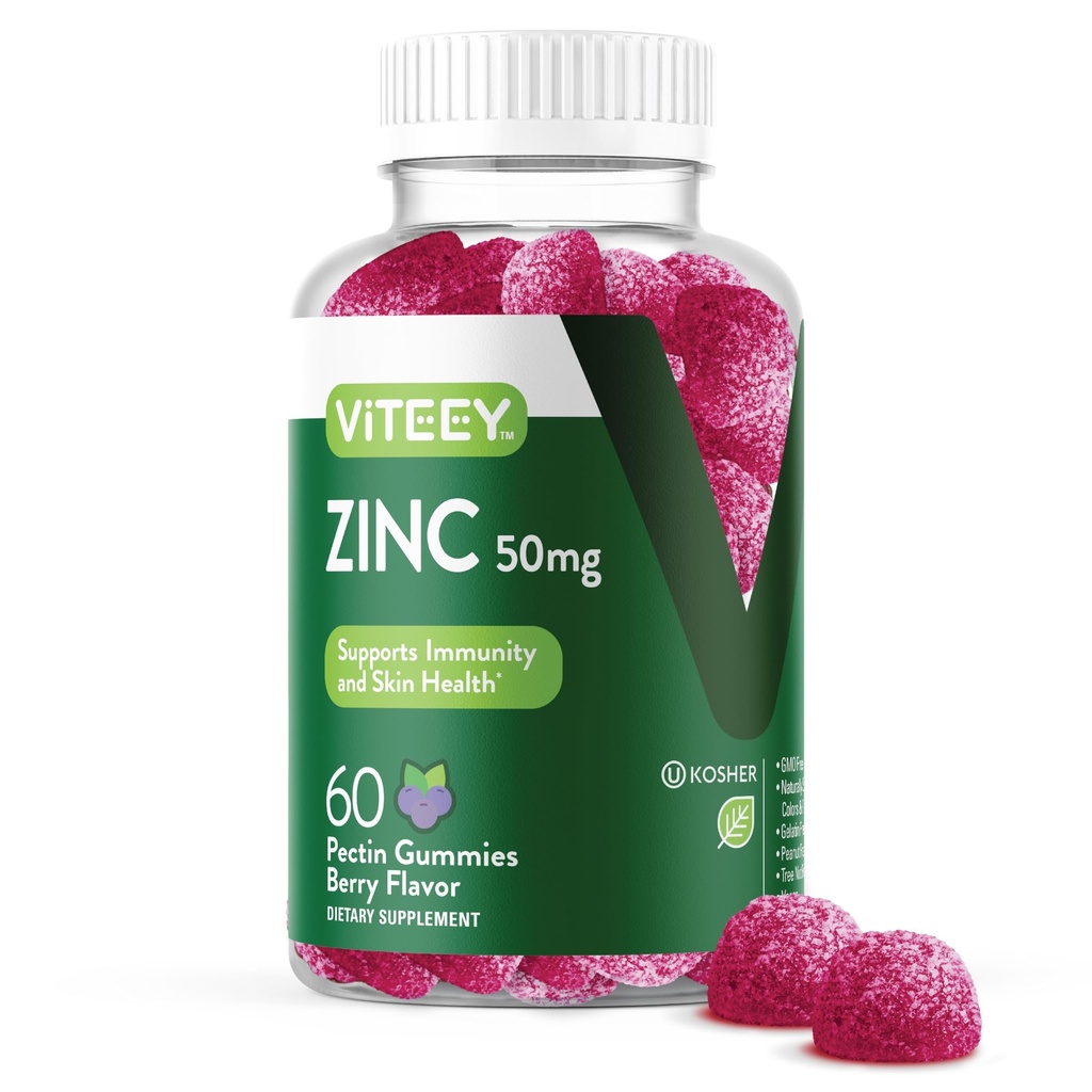 VITEEY 男女用锌(Gummys) - 锌补充50mg - Immune Boost & Skin Health - Vegan, Gluten Free - 60 Counter