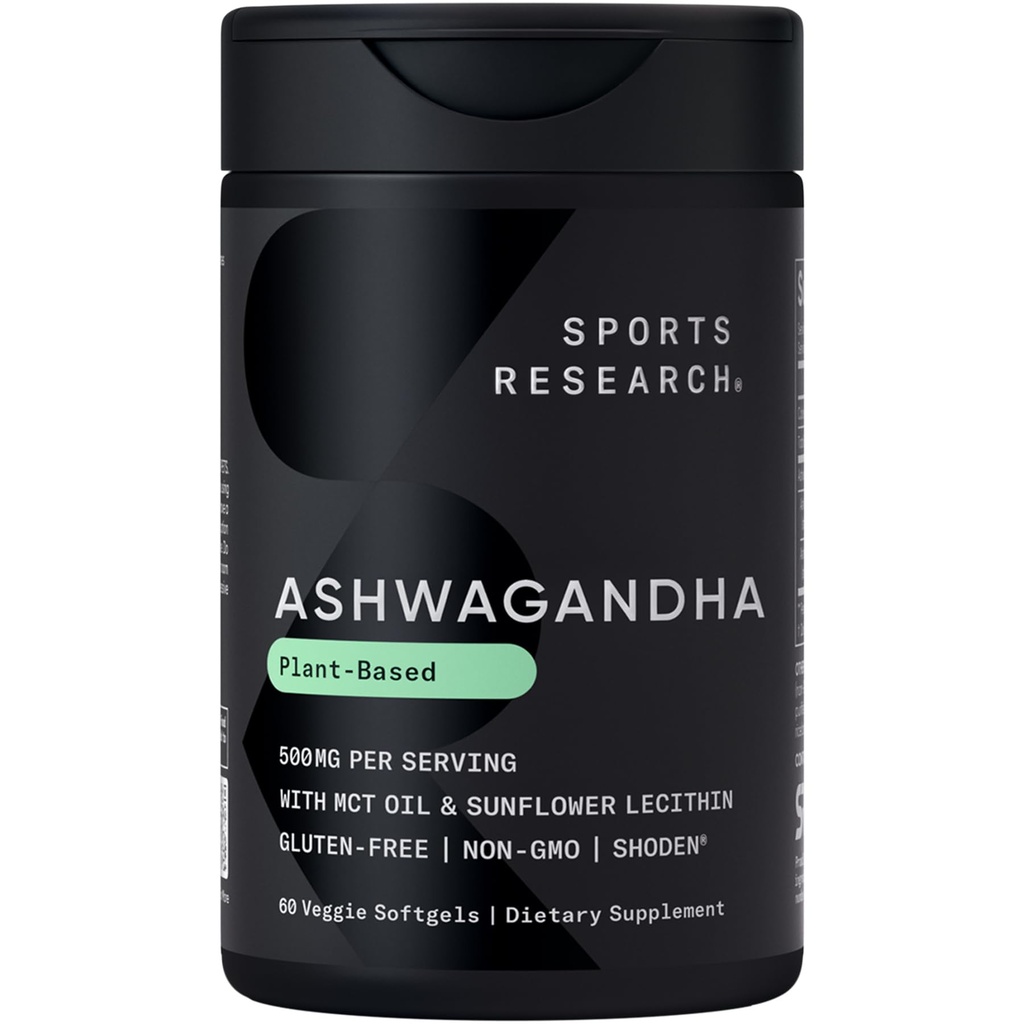 体育研究 • Ashwagandha Softgels with Coconut MCT Oil - 与Shoden * Ashwa一起制造的天然适应剂,用于放松、冷静和睡眠支持 - Gluten Free & Vegan Friendly - 60 Counter
