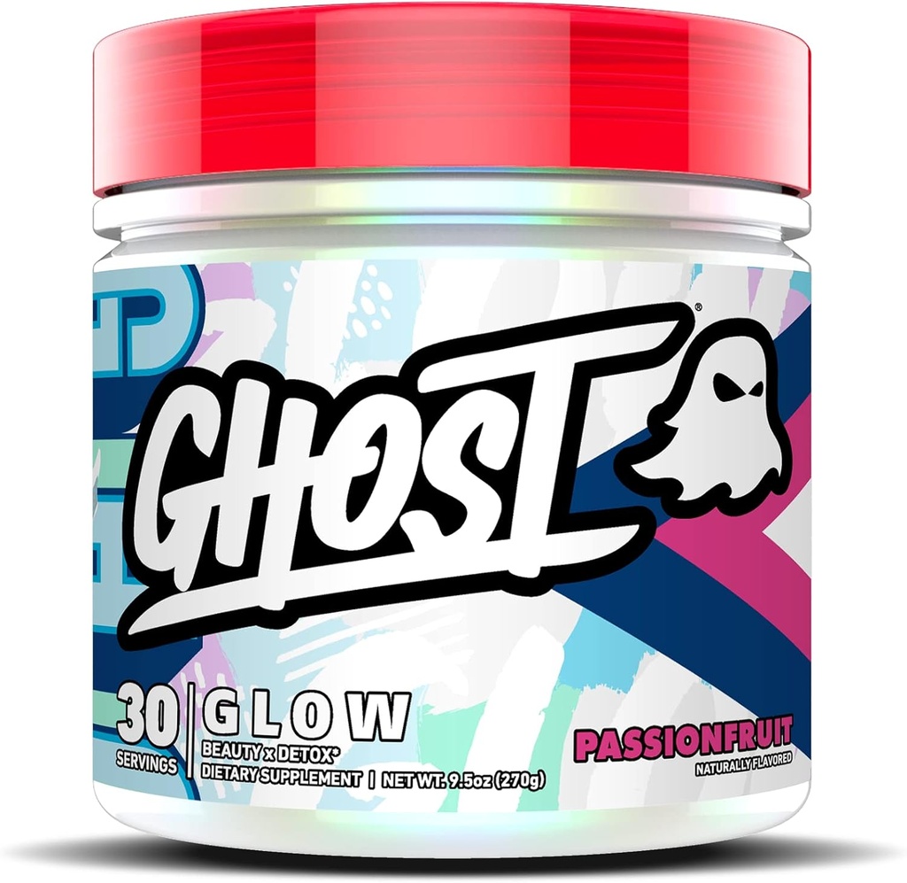 GHOST Glow:美与解毒支持公式 - 30 services, Passionfect - Skin Boosting Biotin和L-Thenine for Antioxicants for Hydrition, Radiance, Complexion & Nourishment - Vegan, Gluten - Free