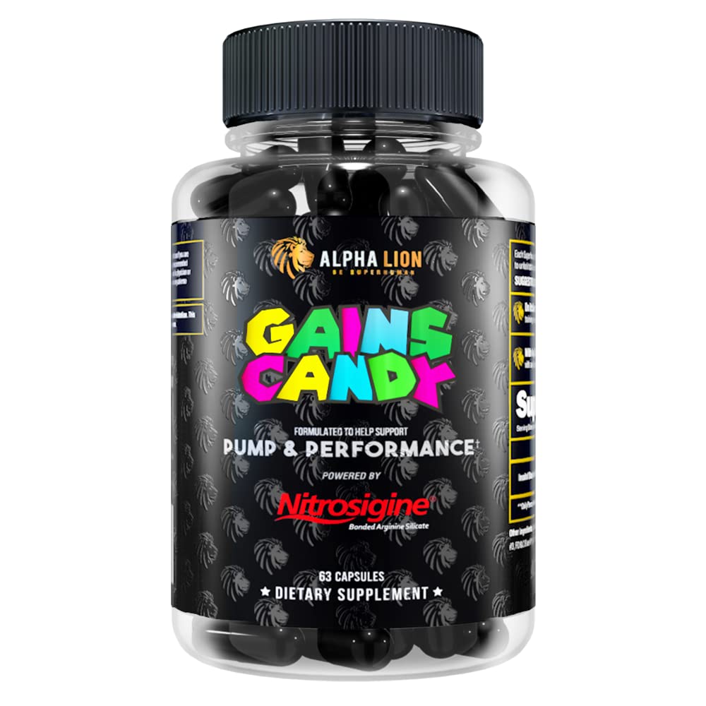 ALPHA LION GEANS Candy,"肌肉泵和血液流动补充药丸","硝酸氧化物助推剂","支持精神焦点","利用每日提升健身表现",63 Capsules (Nitrosigine)