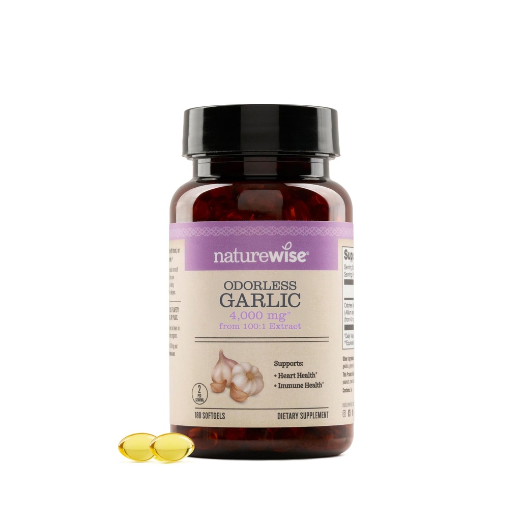 NatureWise Odorless Garlic Supplement 40000mg - Ultra Potent 100:1 摘录 - 健康胆固醇配方 心脏健康支持 - 非GMO,Gluten Free,配有Halal Gelatin - 180 Count [90日供应].