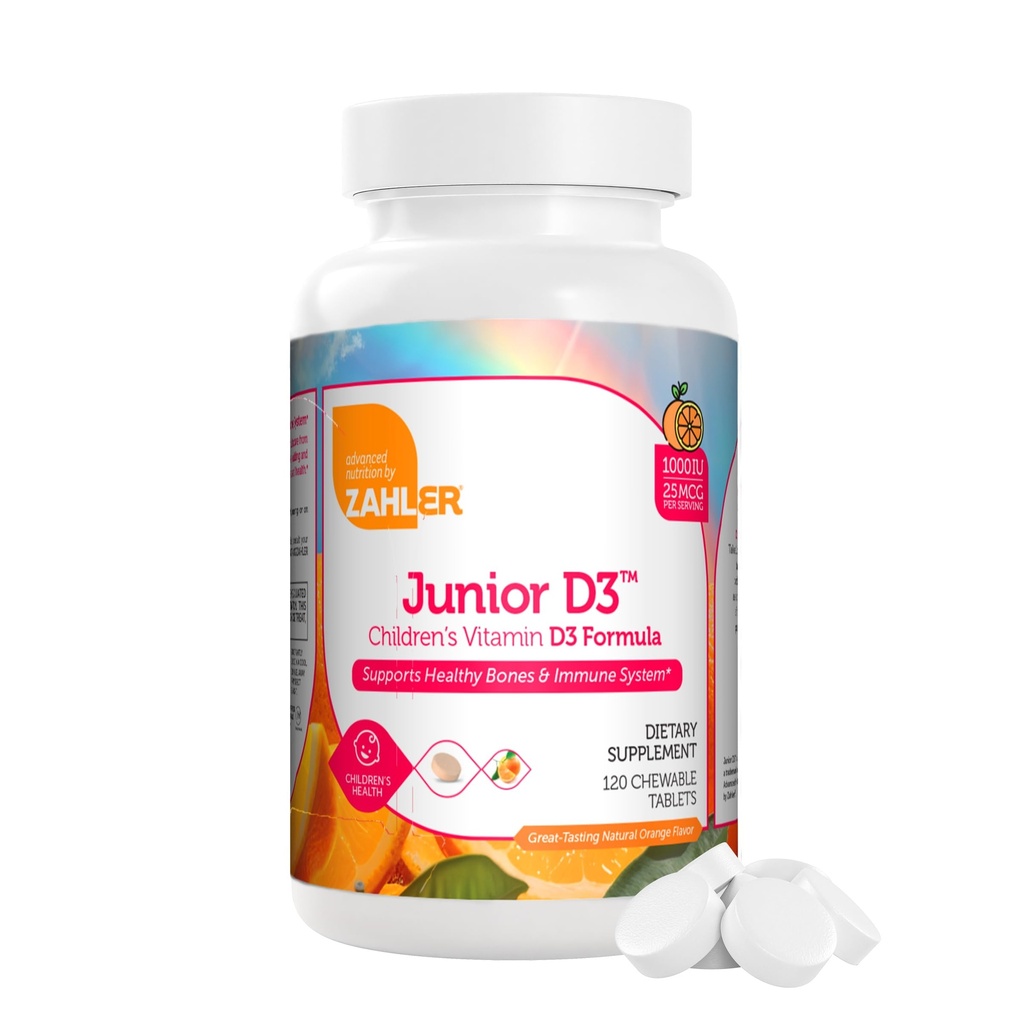 Zahler Junior D3 维生素 1000 IU - 儿童 - 维生素 D - 儿童支持骨骼,牙齿和免疫健康 - Kosher Orange Flavor - 120 Counter.