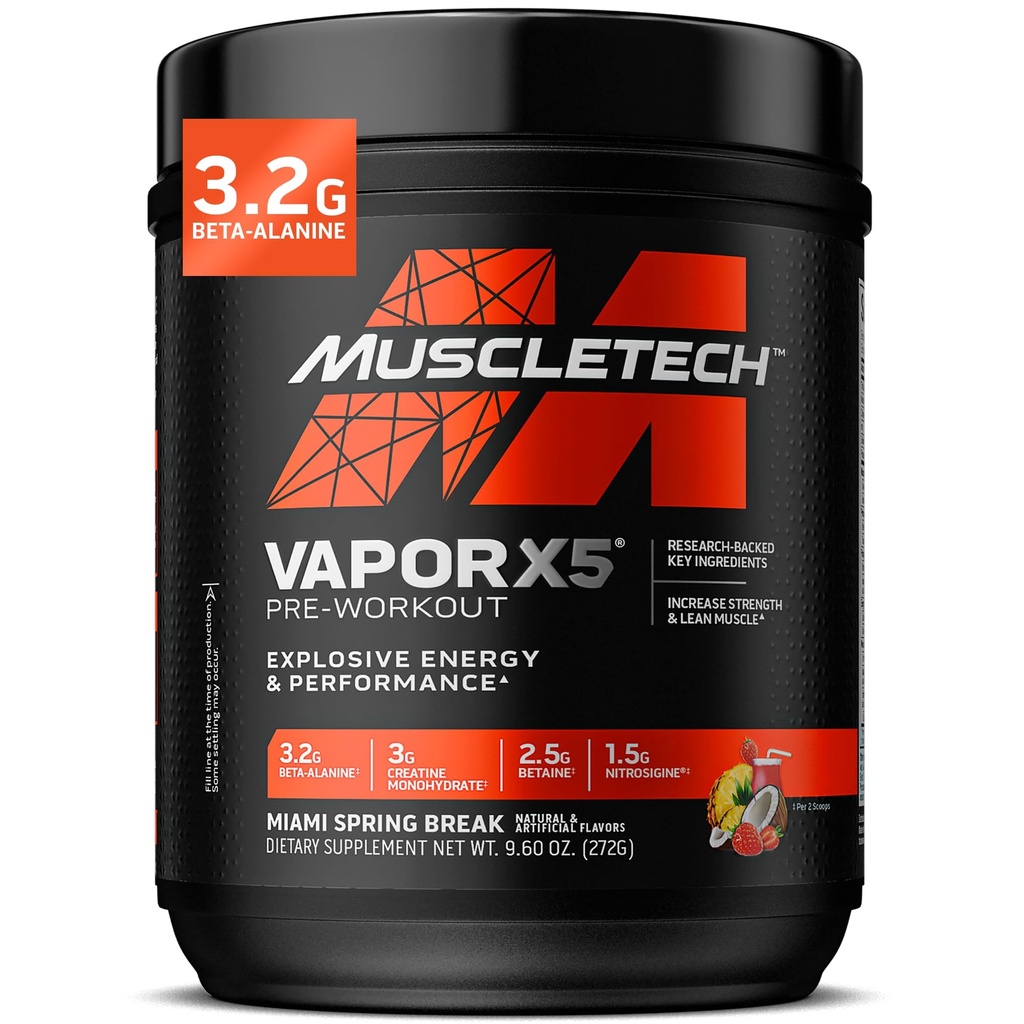肌肉科技预研粉,Vapor X5 - 男女运动营养肌肉建筑补充剂 - Intense Muscle Pump Energy Power Drink Mix - Miami Spring Break, 272g(30架)