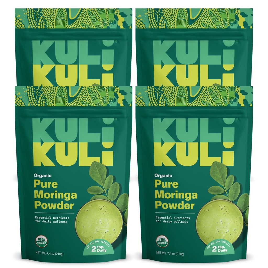 Kuli Kuli Moringa Oleifera 有机叶粉和绿色平滑,100%纯USDA认证与非GMO Moringa 粉,配有平滑、茶叶和食品,4包