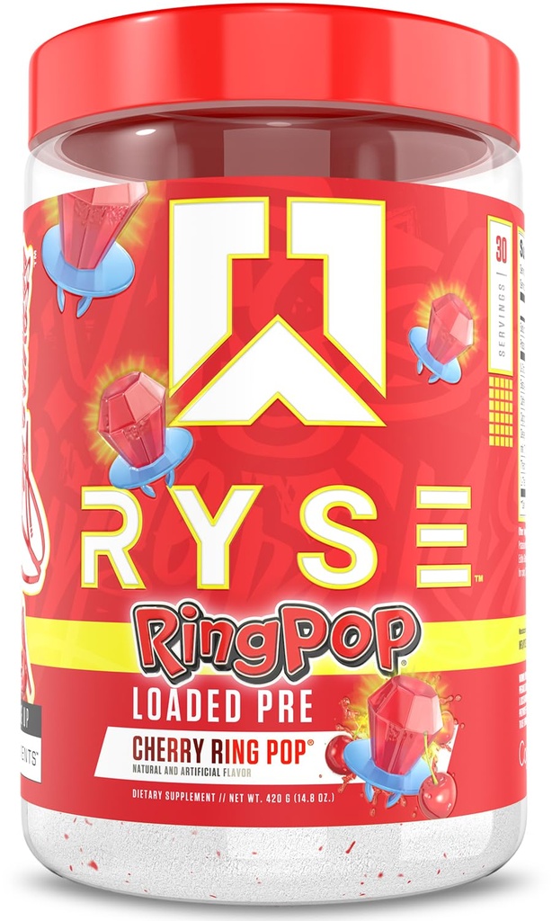 RYSE 加载的预工作粉 - 环 流行樱桃 - 男女每日预工作,配有325mg的咖啡因,Beta Alanine,以及Citrulline for Pump, Focus, and Energy - 30 services