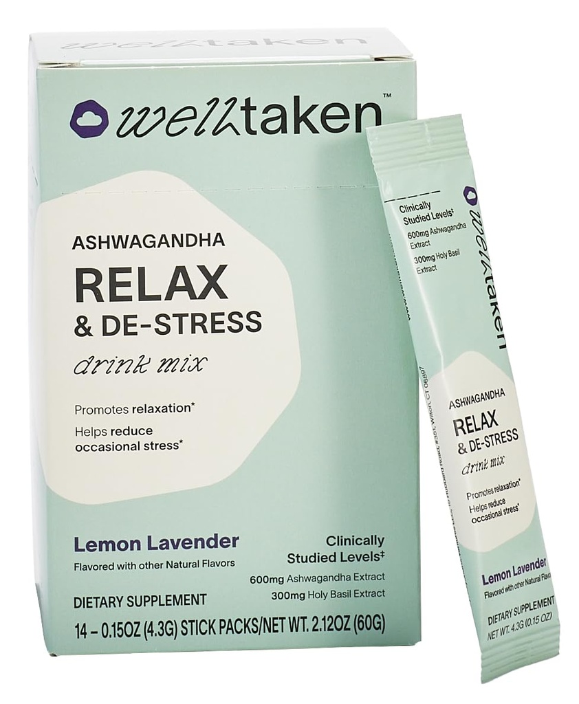 Ashwagandha Relax & De-Stress Powder - Lemon Lavender 14ct Box - 600mg Ashwagandha, 200mg L-Theanine, Holy Basil - 支持压力,放松 - Vegan, 不添加糖 - 14 服务