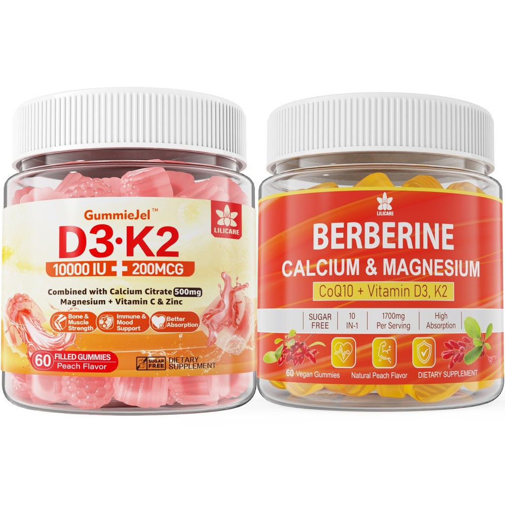 无糖维生素D3 K2 含钙,甘氨酸镁,维生素C + 柏培林补充剂 含 Liposomal Berberine & Berberine HCI, 钙, 镁