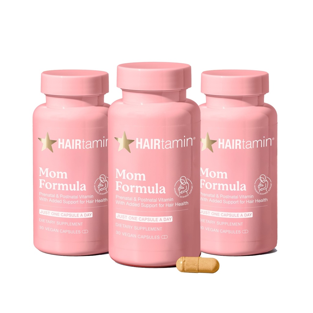 HAIRtamin MOM VAGAN 产前和产后 多维他命卡普苏莱斯和毛发维生素、产后、母乳喂养、毛发钉和皮质维生素给有生物素、锌、铁的妇女(3-Pack)