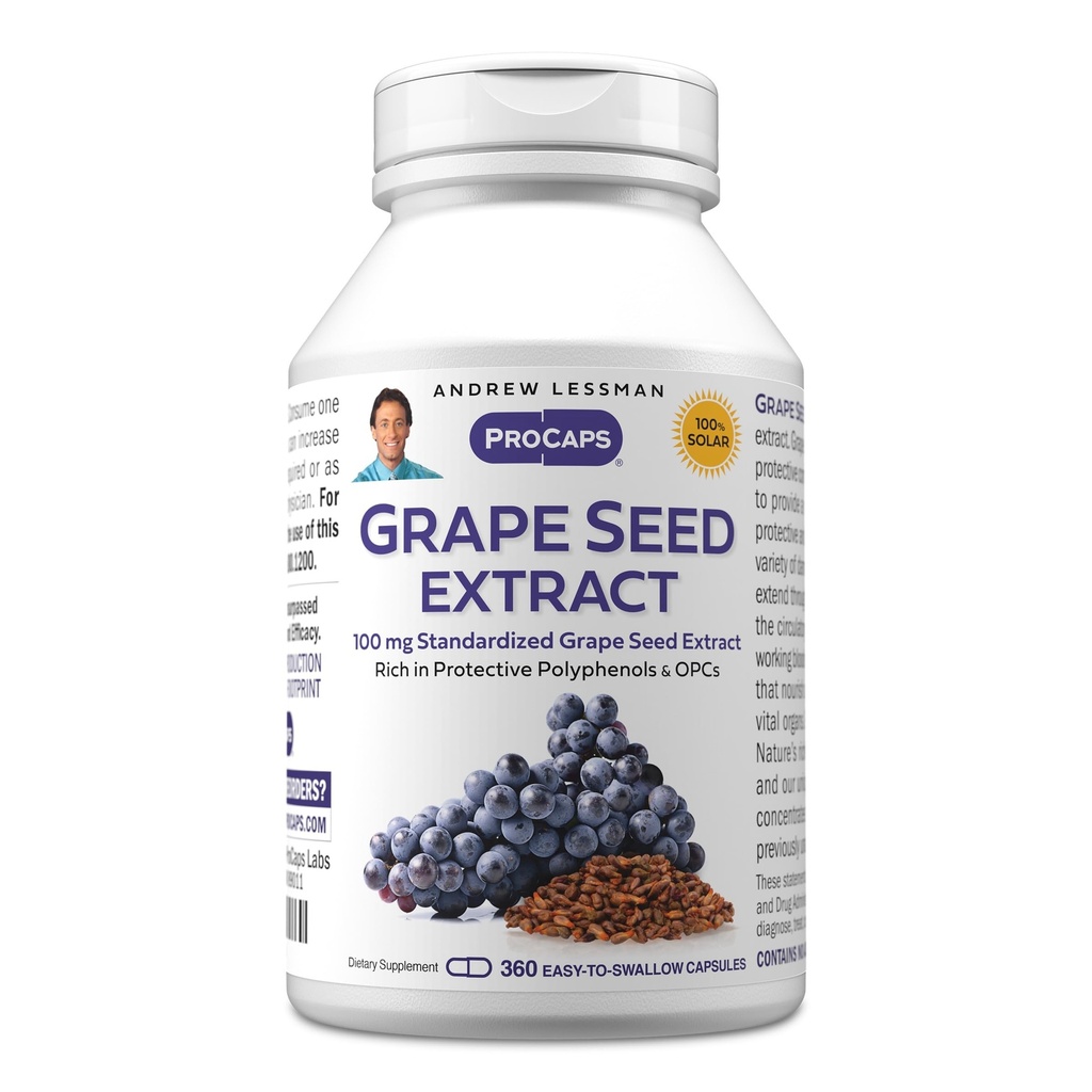 ANDREW Lessman Grape种子提取器360 Capsules - 100 mg 标准化提取器,抗氧化剂,中和坝自由基,支持健康循环. 保护多酚富含