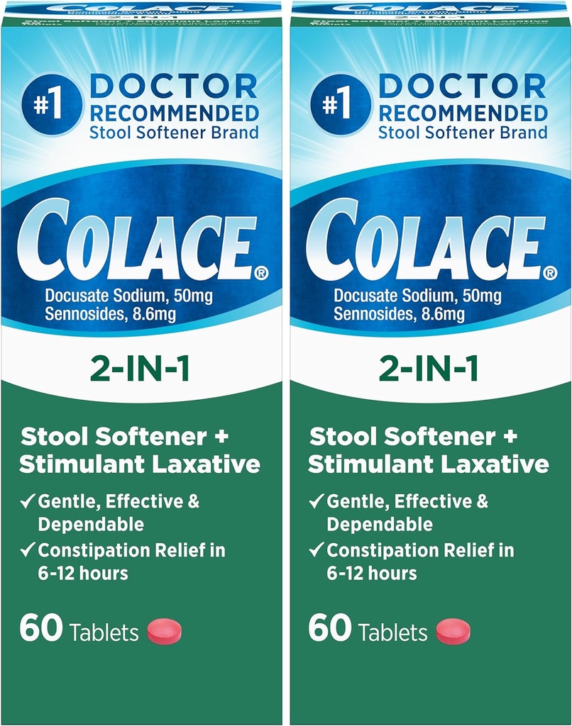 Colace 2-in-1 工具软化剂加兴奋剂加兴奋剂 用于Gentle 有效便秘救药, Docusate Sodium Plus Sennosides, 60 Counter (Pack of 2) 页面存档备份,存于互联网档案馆, pack of 2017.