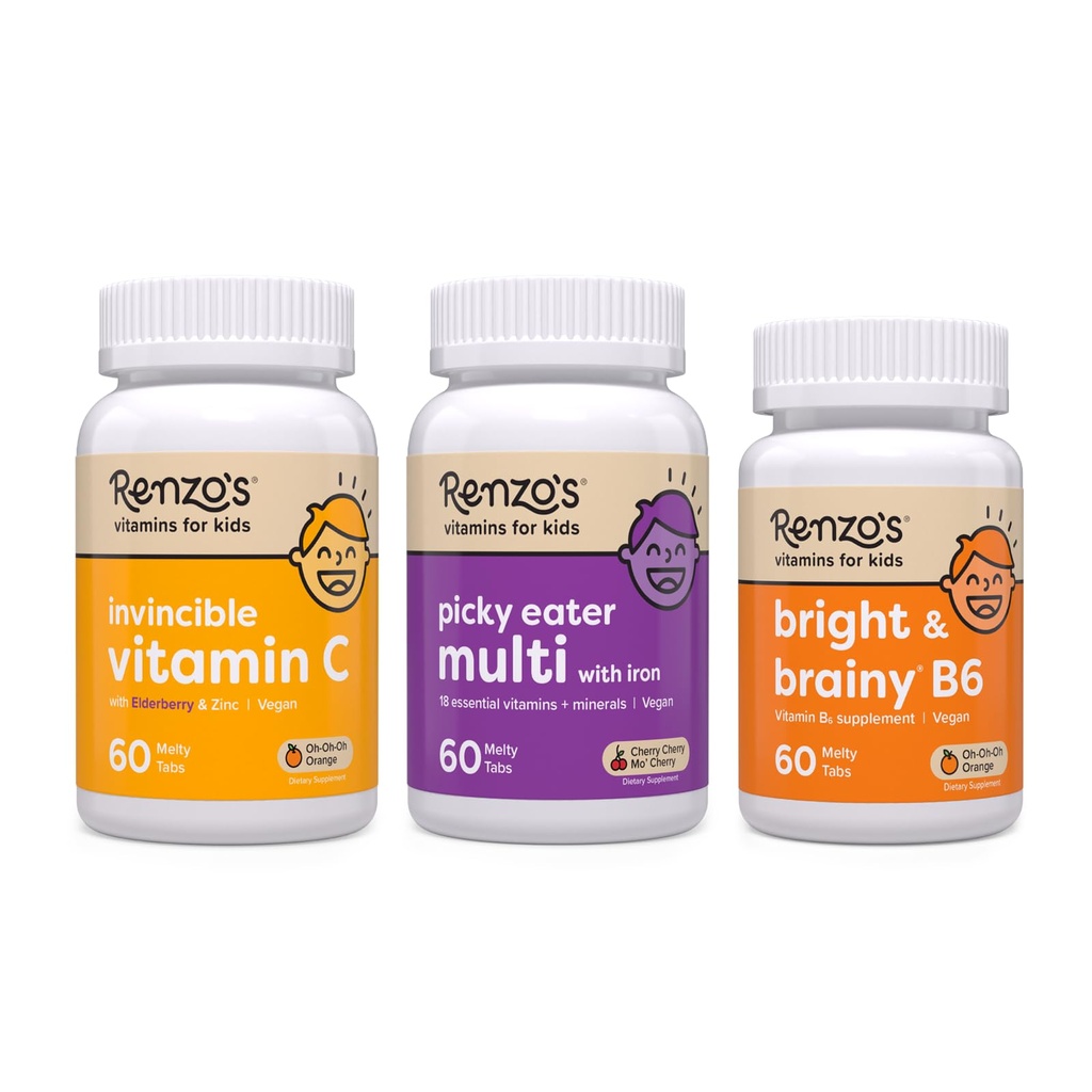 Renzo的维生素 回到学校包, 明亮的和聪明的维生素 B6, 挑剔的食用儿童 多维塔明, 和孩子维生素 C 与 草莓和锌 支持免疫