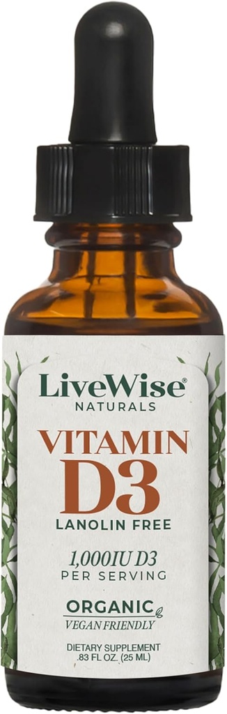 LiveWise Naturals 有机维生素 D3 液滴,Vegan,非GMO,植物基,每滴200 IU,支持Immune,Bone,以及MCT Oil 1 000 IU中的Mood Health, Easy-to-Absorb