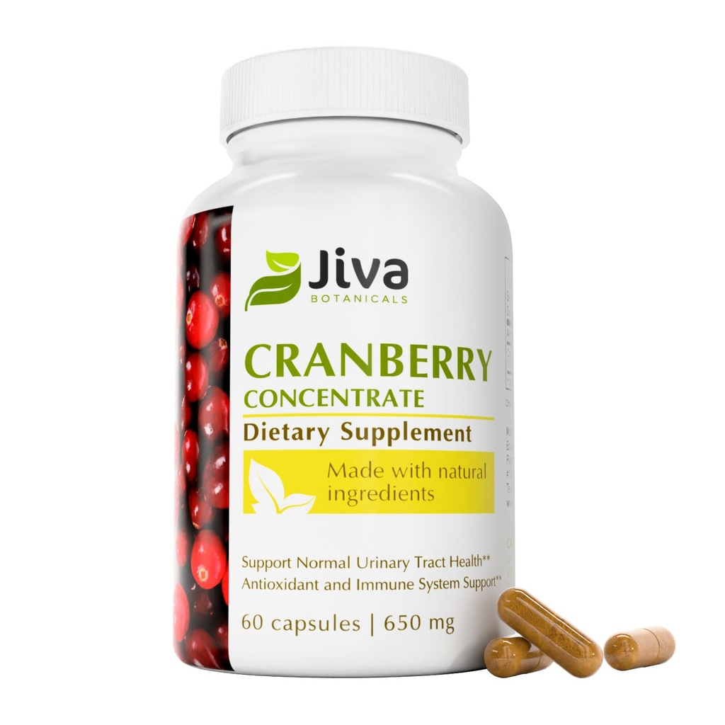 Jiva 植物学中心 Cranberry 补充剂 -- -- 650毫克 Cranberry 粉末提取药丸 供妇女使用 -- -- 正常尿道切除疗法的高度可能性 -- -- 60个卡普尔(1包)