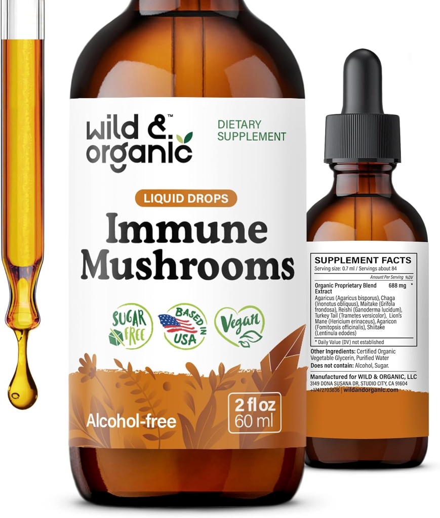 野生和有机Immune蘑菇 Tincure - 8-in-1 Mushrom Complex with Chaga, Turkey Tail, Lion's Mane, Reishi 提取 - Immune支持滴 - Vegan,糖和无酒精液体补充 - 2 fl oz