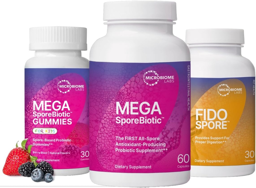 微生实验室 全家的Probiotic Bundle -- -- 成人的MegaSporeBiotic、儿童用的Probiotic Gummy和狗和猫的FidoSpore Piotics