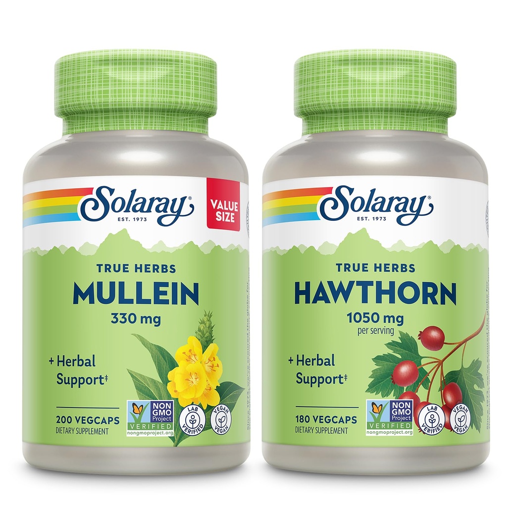 SOLARAY Mullein Leaf 330 mg和Hawthorn Berry Capsules 1050 mg - 为总体健康和健康提供草药支持包 - Vegan,非GMO,60天保障,实验室验证,200/180 Veg Caps