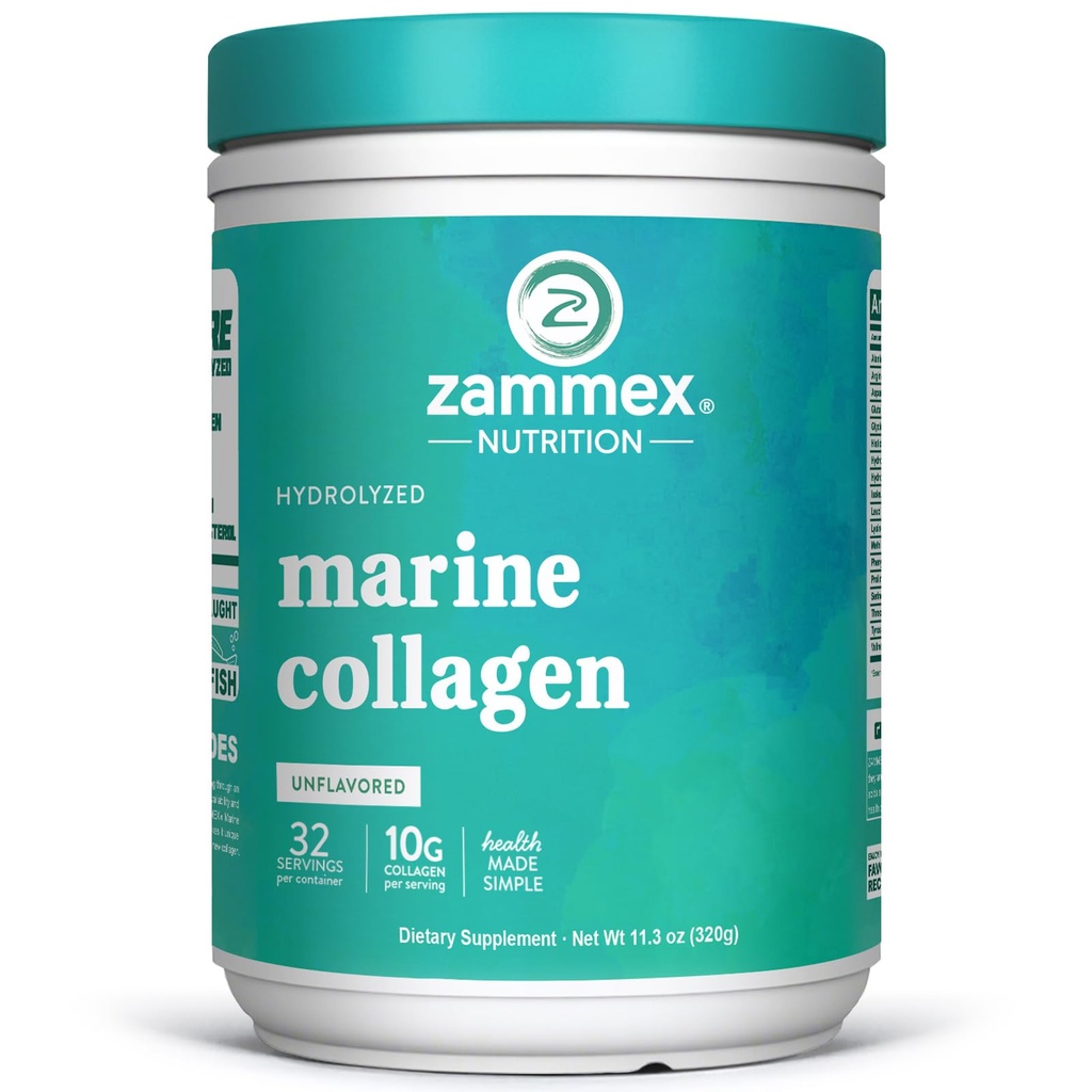 Zammex Marine Collagen Peptides Powder Unflavored, Wild-Caught Fish Collagen Power, 支持健康皮肤, 头发, 联合, 1型和3型Collagen 女性补充 - 易于混合(32种服务)