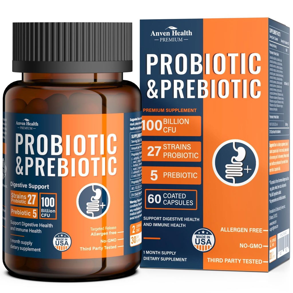100亿男、女Probiotics 27 Strains 5 Gut 消化和免疫健康有机预生,支持痢疾毒气 Bloating,Non-GMO,零填充器 – 在美国制造 QX60 Caps
