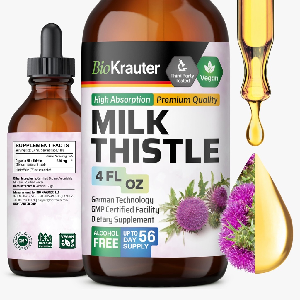 BIO KRAUTERQ 肝脏清洁和除毒的牛奶硝酸盐补充剂 - 液态牛奶硝酸盐提取剂 Silymarin 用于消化支持 4 Fl.Oz - 无酒精和无糖,56天供应