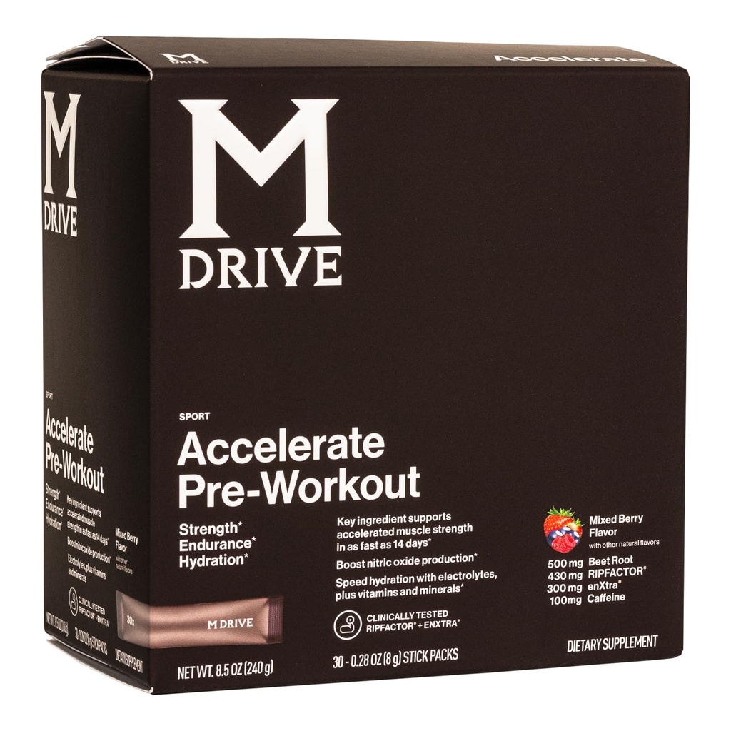 Mdrive 加速工作前粉末、单服务包、Mixed Berry,30 Counter(兴奋剂、Mixed Berry)