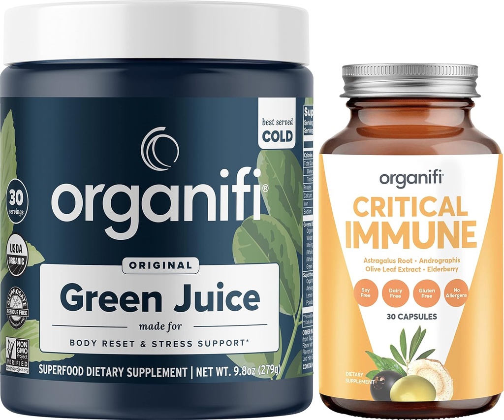 Organifi Green Juice 超级食品粉(30名服务员)和临界免疫(30名卡普勒斯) - 维生素C,体重控制,戒毒清洁,应激救济和豁免支助 - Gluten Free, Vegan,全食品