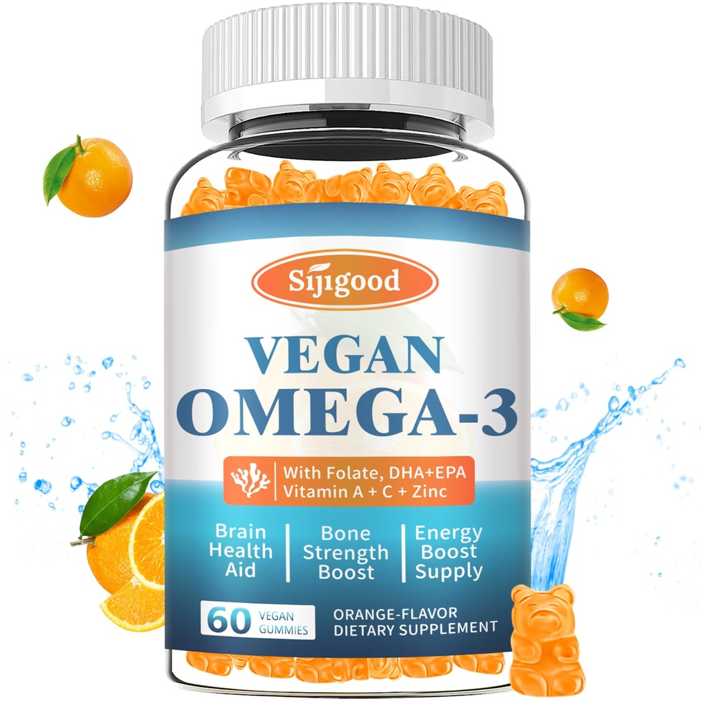 Omega-3 Gummys Potent Algae Omega Source, Boost Brain, Eye & Imune 函数, 与 DHA 和 EPA Vegan & Sugar Free, Orange Flavor, 60 Counter