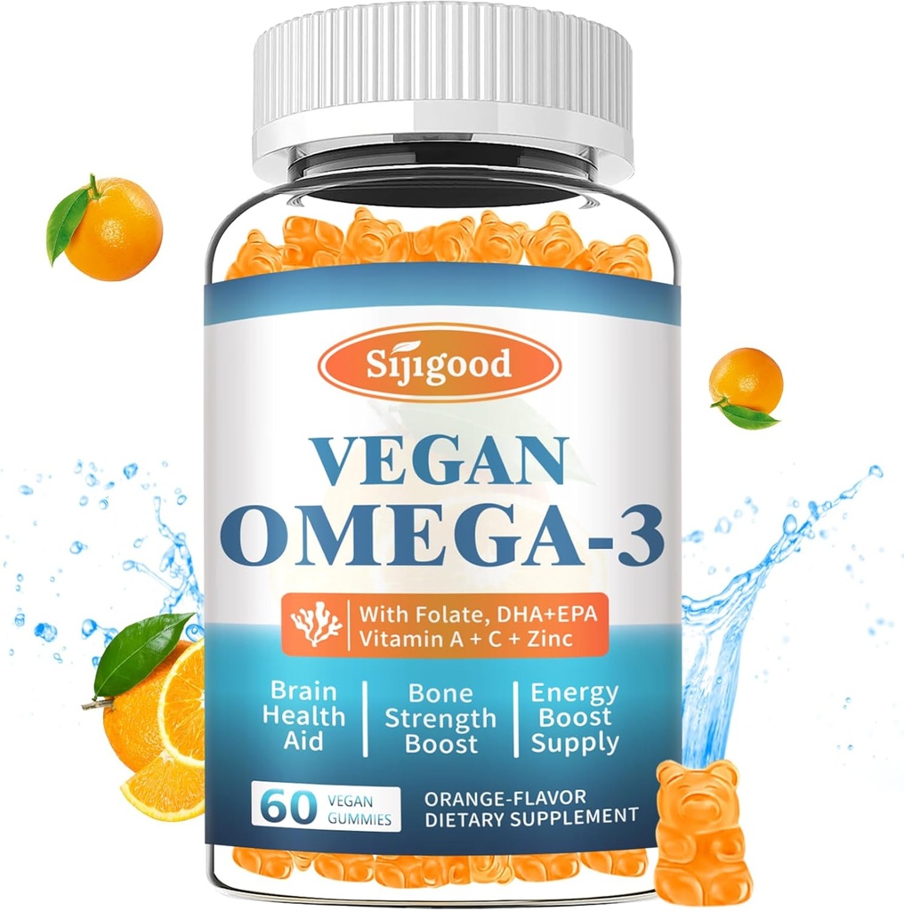 Omega-3 Gummys Potent Algae Omega Source, Boost Brain, Eye & Imune 函数, 与 DHA 和 EPA Vegan & Sugar Free, Orange Flavor, 60 Counter