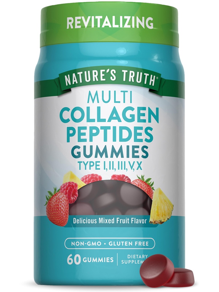 Nature's Truth Multi Collagen Gummys – 类型一,II,III,V,X – 60 Counter – Non-GMO & Gluten Free Complex 补充 + 混合水果火焰