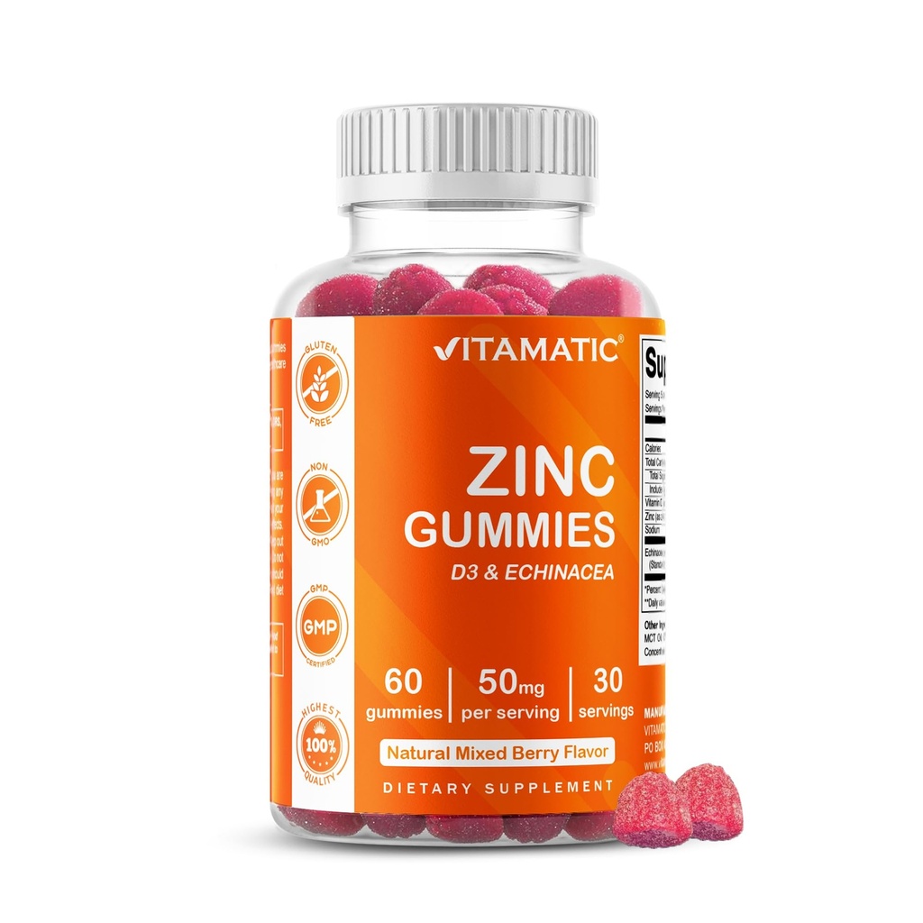 维生素锌 50mg Gummys – 60 Vegan Gummys Gluten Free – 对成人、男女的健康免疫支持
