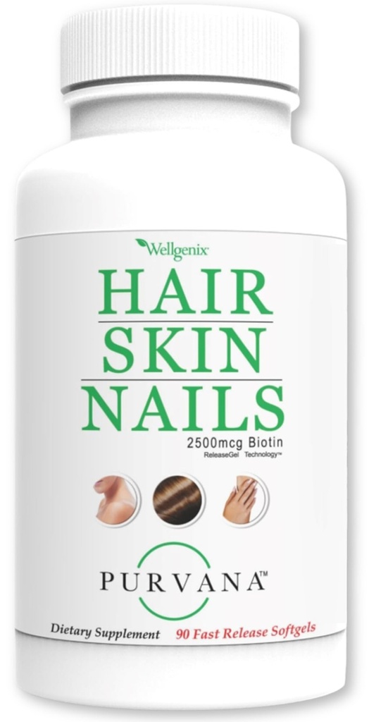 Wellgenix Purvana Hair, Skin, and Nails - One a Day Softgel - 2500mcg Biotin, DMAE, MSM, 马尾, 葡萄种子提取 - Anti Aging, PCOS & 产后头发生长, 坚固的Nails (90个计数)