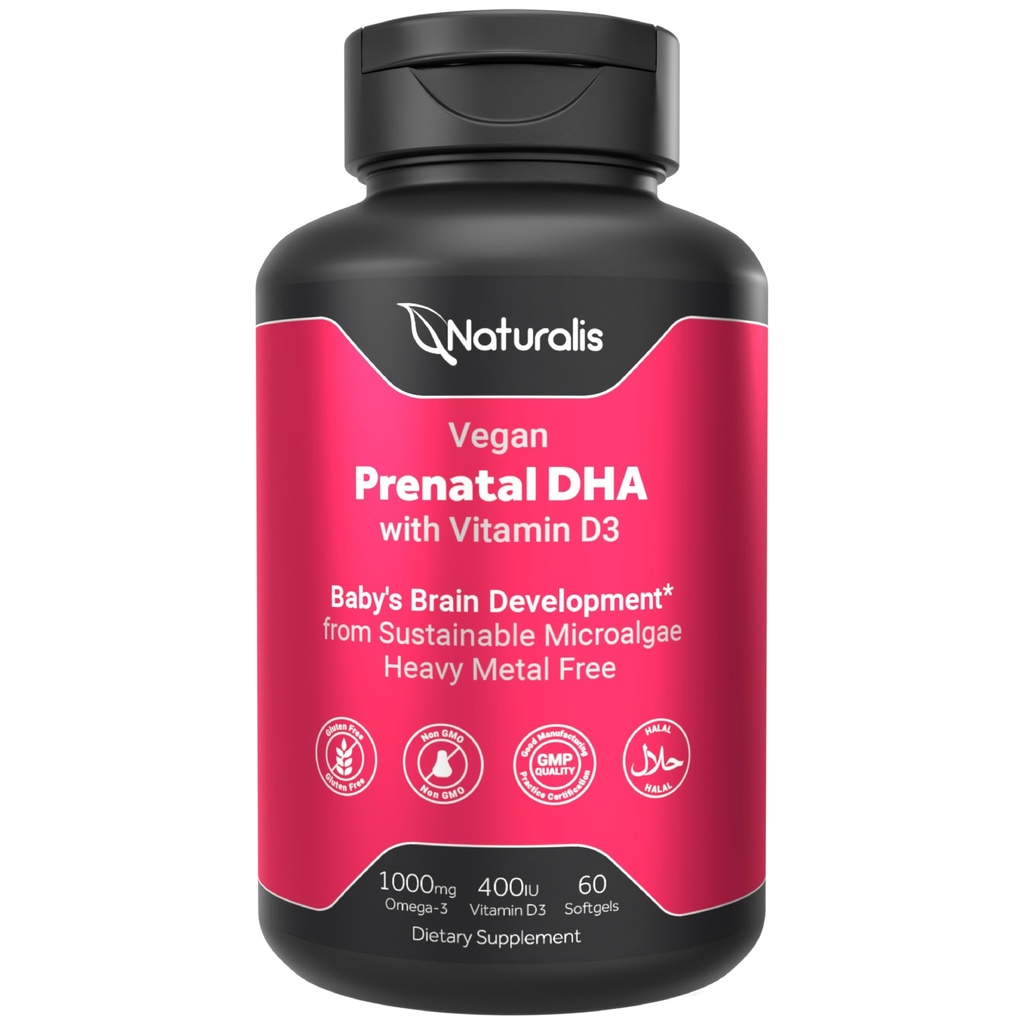Naturalis Vegan 产前全谱 Omega-3 | Algae DHA, EPA, DEA, 维生素D3 和活化Folate L 5-MTHF | Vegan Society 认证,可持续来源,非GMO & Soy Free | 60 Veggie Softgels