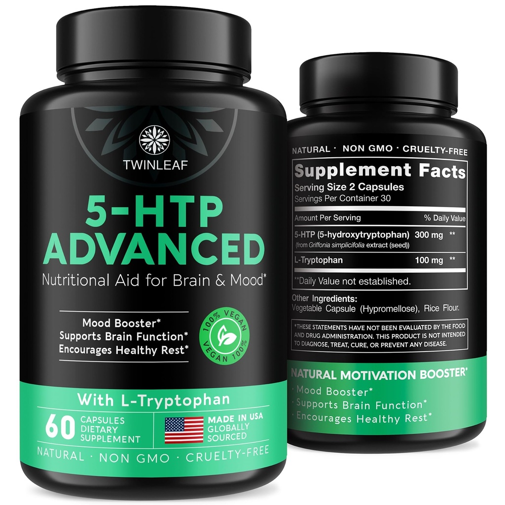 TWINLEAF 5 HTP Mood支持补充剂 - 在美国制造 - 天然 5-HTP & L-tryptophan Capsules - 5-HTP 男女助推器 - 混合和放松的专有公式 - 60 Vegan Capsules