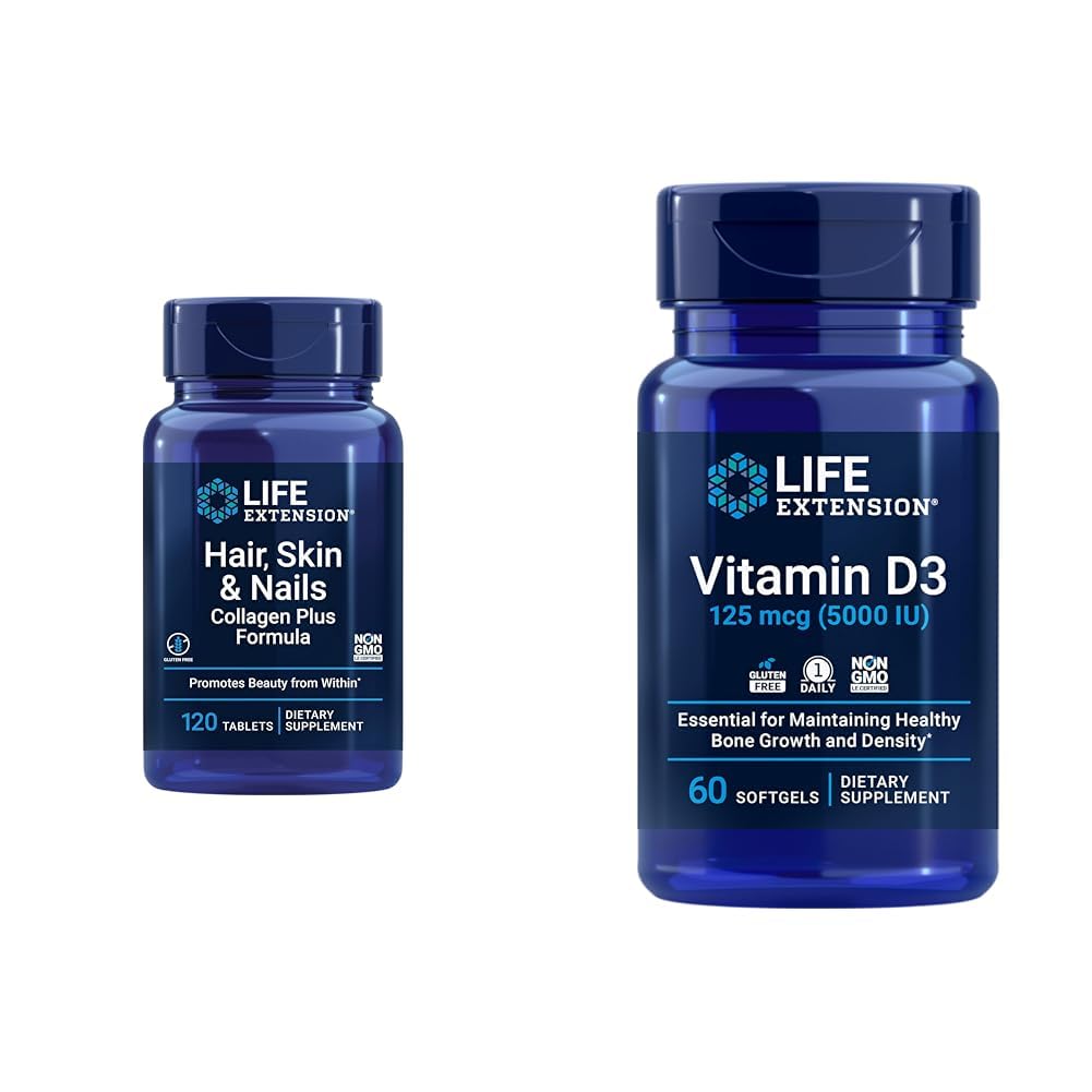 寿命延长 头发,皮肤和钉子 Collagen Plus 配有维生素D35000 IU - 推广Colagen, Keratin, Bone, Brain, Immune & Nail Health - 120 Counter & 60 Softgels
