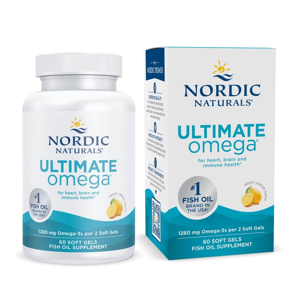 北欧自然公司 Ultimate Omega, Lemon Flavor - 60 Soft Gels - 1280 mg Omega-3 - 与EPA & DHA - 促进大脑和心脏健康 - 非GMO - 30 服务