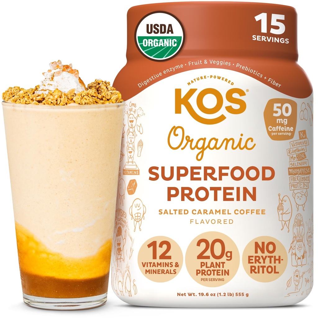 KOS Vegan蛋白粉、盐焦糖咖啡 -- -- 低碳皮蛋白混合剂、维生素和矿物有机植物超食品富集 -- -- Keto、奶制品免费 -- -- 妇女和男子食品替代剂 -- -- 15种服务