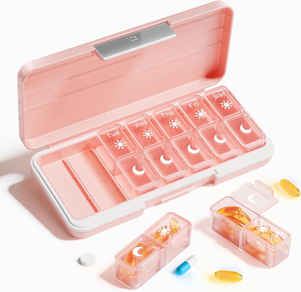 Betife AM PM Pill 组织者 2 Times A Day, 7 Day Pill Box周刊 Pill 组织者用单独的容器旅行,可携带的每日药品计划者购买维生素、鱼油、补充品