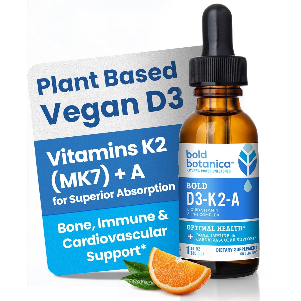 Bold Botanica D3-K2-A,液态维生素复合物,Vegan D3来自有机藻类,含有维生素K2(MK7),A用于免疫支持,天然橙色Flavor,味道美味,1 FL OZ.(30mL)