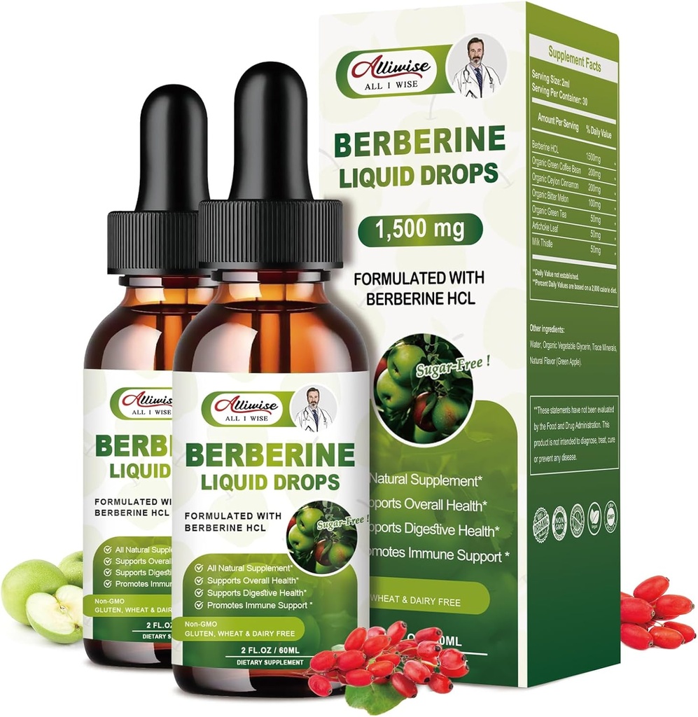 2 Pack Berberine 补充液滴,用于免疫系统与消化系统支持 - Premium Berberine HCL 1500mg 配纯锡兰桂 - 4 Fl Oz