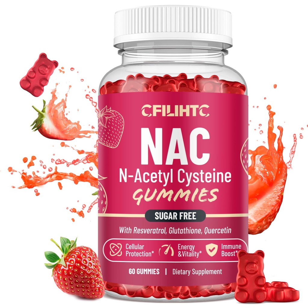 CFILIHTC NAC Gummys 600mg, N Acetyl Cysteine 配有Glutathione,Resveratrol,Magnesium,CoQ10, NAC 抗氧化剂和免疫支持的可选配料,草莓 Flavor 60 Gummys