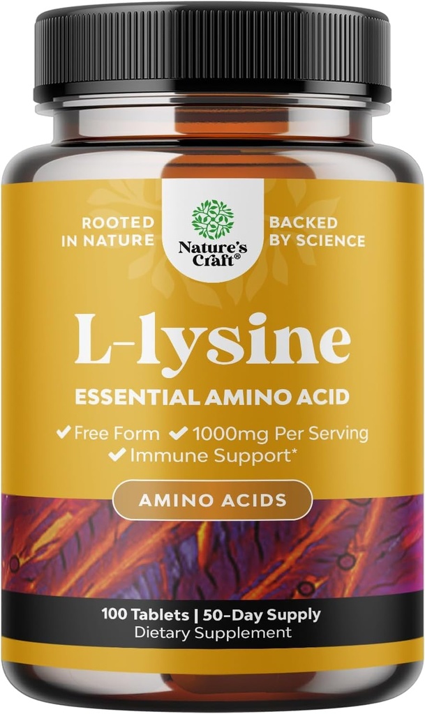 Natures Craft L-Lysine Free Form Capsules - 眼科健康口腔护理高强度L-Lysine补充物 Collagen合成和免疫支持 - 基本氨基酸 - 每服药1000毫克 - 100个计数