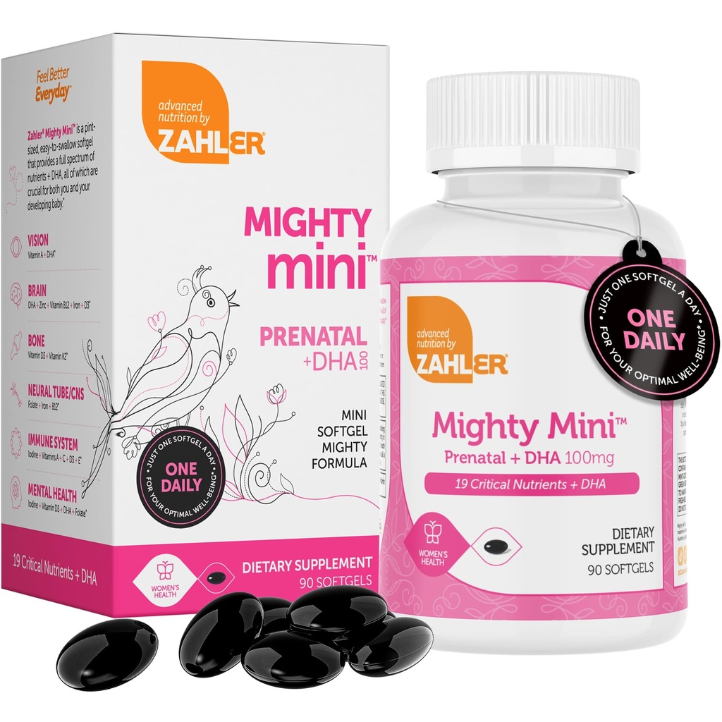配有DHA & Folate的Zahler Menever 小型产前维生素 -- -- 经认证的Kosher -- -- 所有天然产前维生素 -- -- 孕妇多维生素 -- -- 19 产前维生素,包括叶酸(90软胶)