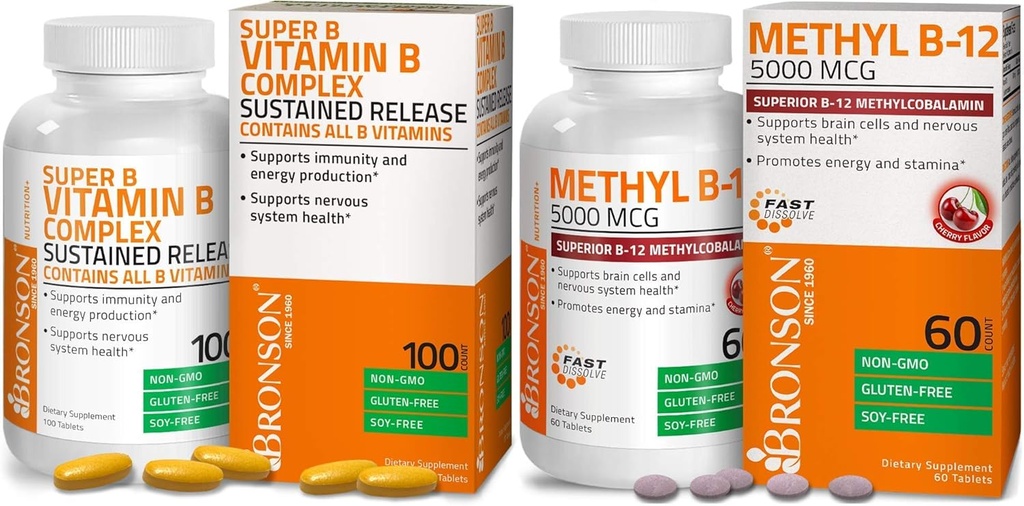 布朗森 甲基 B125,000 mcg 维生素 B12 甲基Cobalamin Lozenges + 超级 B 维生素 B 复合体 持续慢释