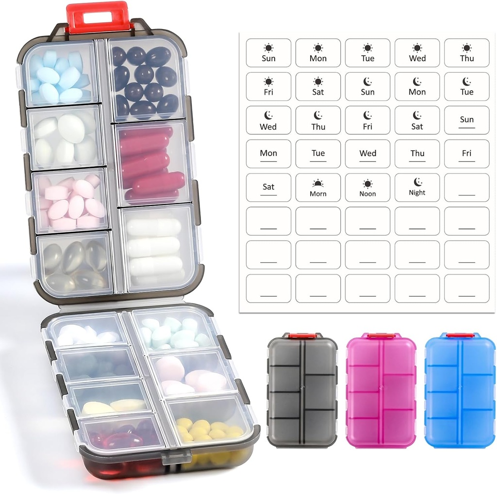 3 Pack 14 GRIDS 带有标签的旅行药丸组织者箱 - 旅行药箱 Kit - 口袋日用药箱 - 鱼油维生素补充剂的旅行药剂持有者