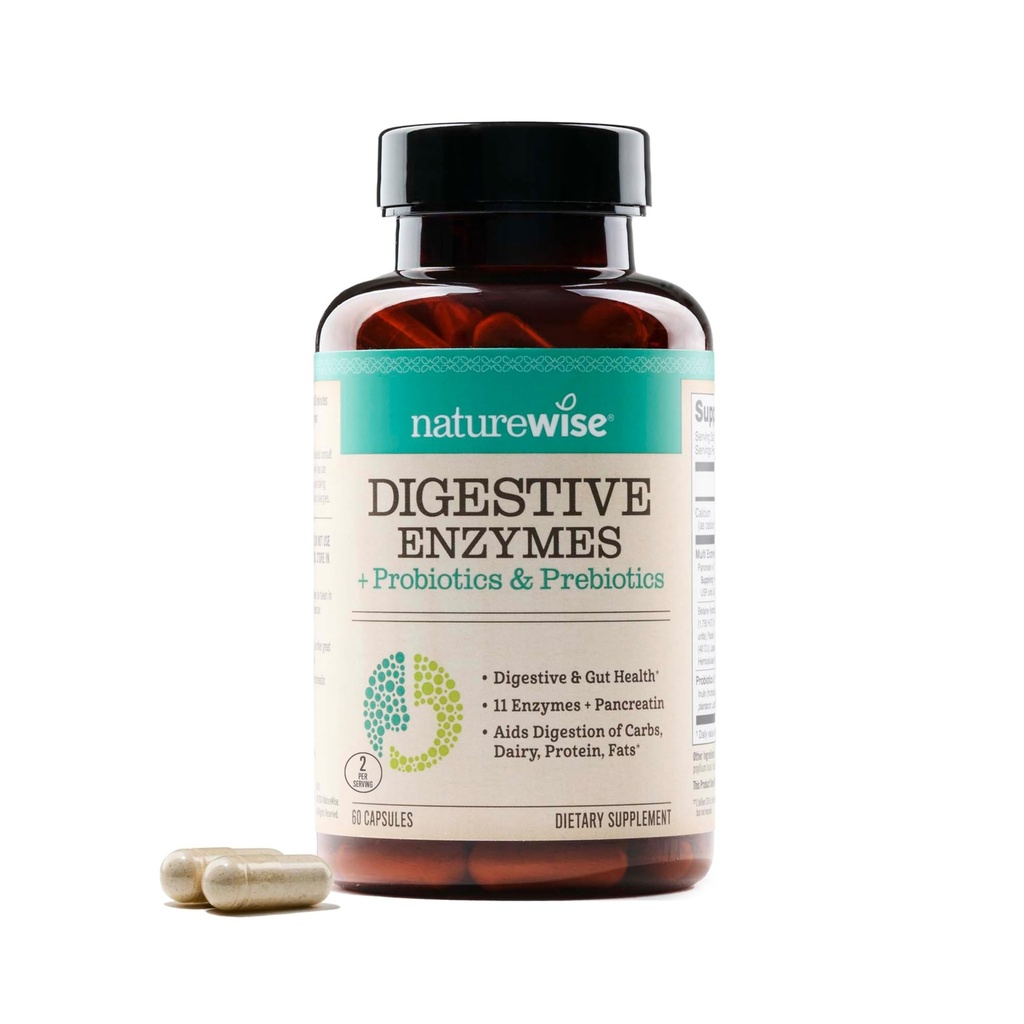 NatureWise 消化酶 - 与Probiotics + Prebiotics的多酶 - 餐后舒适与布洛丁支持 + 艾滋病消化与古特健康 - 无豆,非GMO - 60 Capsules[1-Month Supplement]